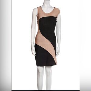 Herve Leger Black and Tan Asymmetrical Mini Dress